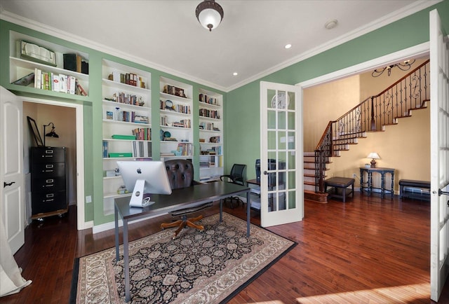 22828 S Gateway Ln, Cheney, WA 99004 - office space featuring crown molding, built in features, wood finished floors, recessed lighting, and french doors
