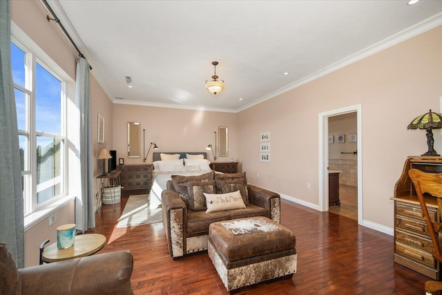 22828 S Gateway Ln, Cheney, WA 99004 - bedroom featuring crown molding, baseboards, ensuite bath, and hardwood / wood-style floors