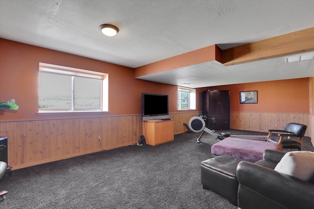 living area with carpet, wainscoting, wood walls, and a textured ceiling