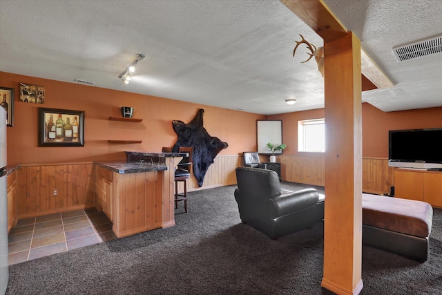 bar with carpet flooring, a textured ceiling, visible vents, and wainscoting