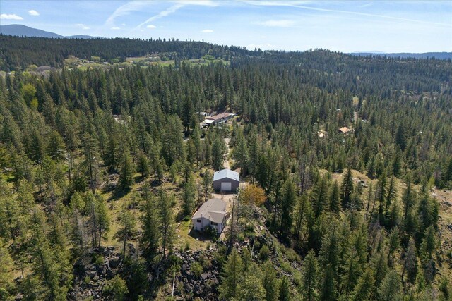 aerial view featuring a mountain view and a forest view