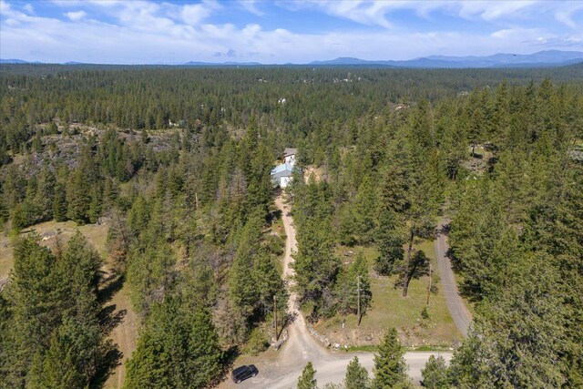 aerial view featuring a forest view and a mountain view