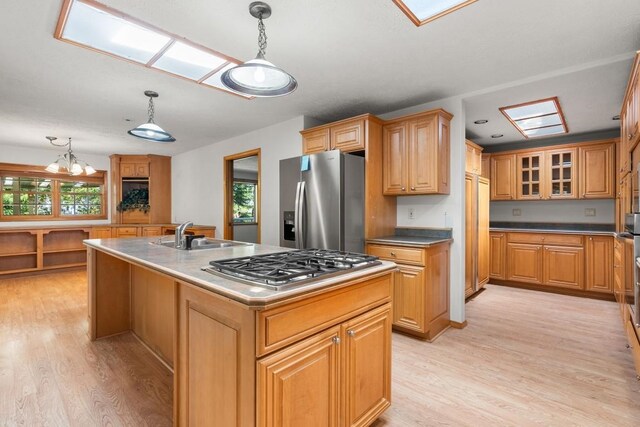 kitchen featuring hanging light fixtures, light wood-type flooring, a sink, stainless steel appliances, and an island with sink