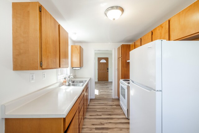 kitchen with a sink, light wood finished floors, white appliances, and light countertops