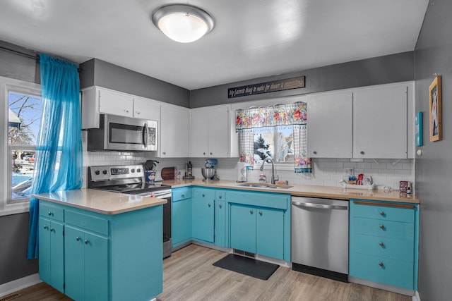kitchen with light wood-style floors, a sink, appliances with stainless steel finishes, and backsplash