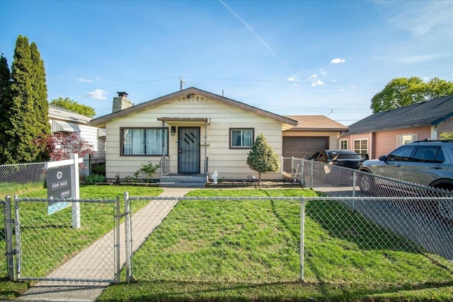 bungalow-style home featuring fence private yard, a garage, a front yard, a gate, and driveway