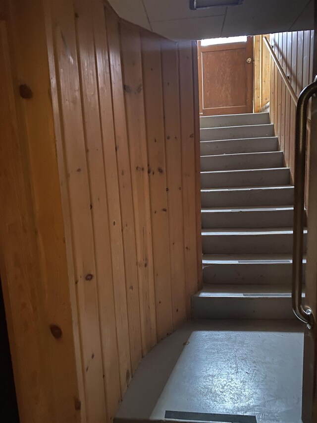 staircase with wooden walls