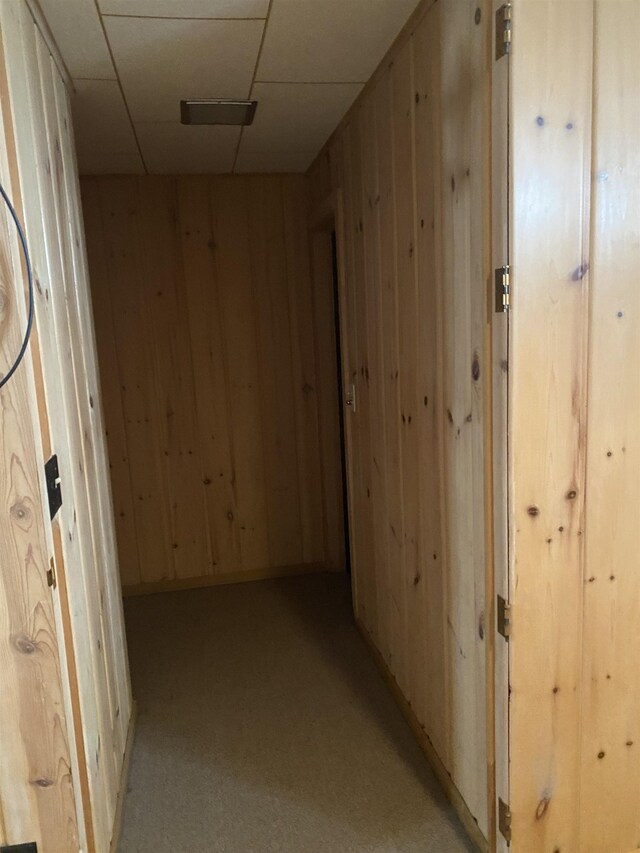 hall featuring light colored carpet, a paneled ceiling, and wooden walls
