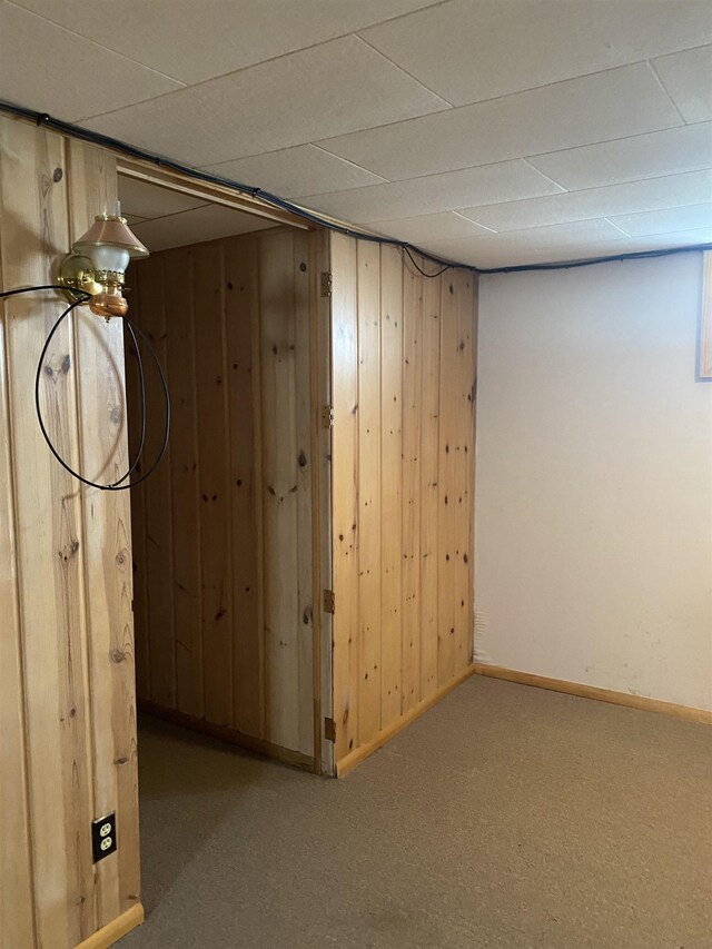 finished below grade area with wooden walls, baseboards, and carpet floors