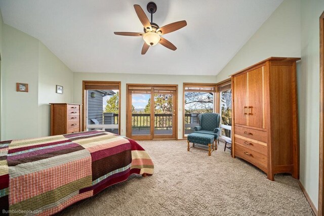 bedroom featuring a ceiling fan, access to outside, light carpet, and vaulted ceiling