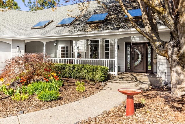 view of exterior entry with roof with shingles and a porch