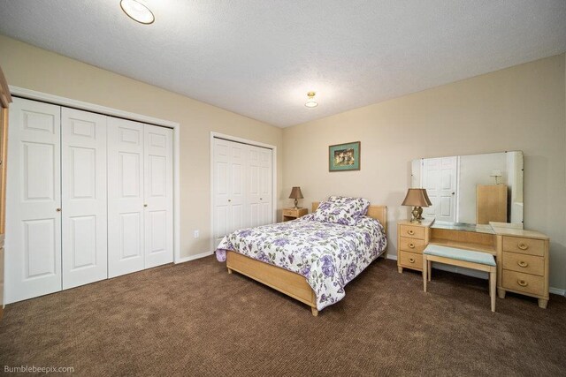 carpeted bedroom with baseboards and multiple closets