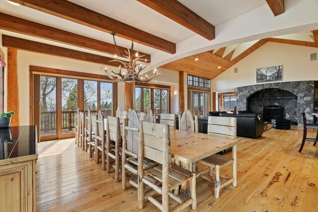 dining area featuring lofted ceiling with beams, an inviting chandelier, plenty of natural light, and light wood finished floors