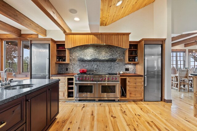 kitchen featuring high quality appliances, light wood-type flooring, plenty of natural light, tasteful backsplash, and a sink