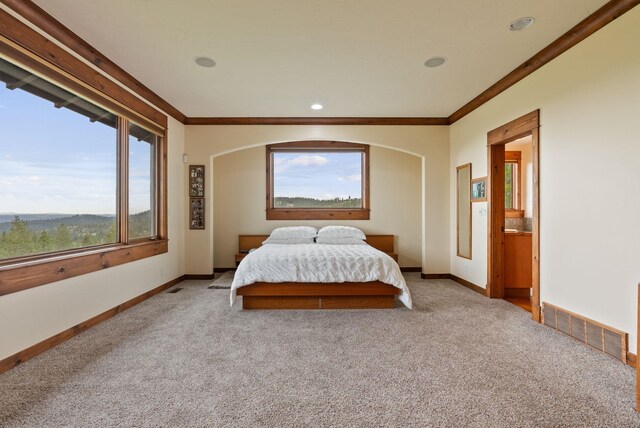 bedroom featuring multiple windows, light carpet, and visible vents