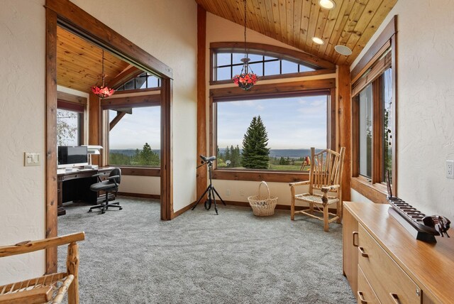 sunroom / solarium featuring carpet floors, a textured wall, lofted ceiling, and wooden ceiling
