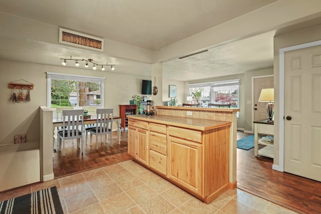 kitchen with baseboards, light wood finished floors, a wealth of natural light, and light brown cabinets