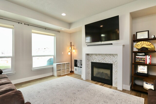 living room with a healthy amount of sunlight, light wood finished floors, and a fireplace