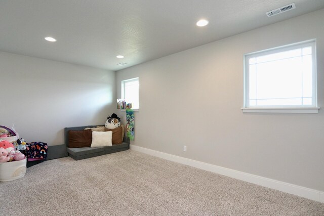 game room featuring visible vents, recessed lighting, carpet, and baseboards