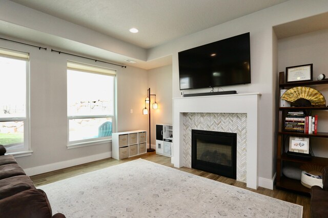 living room with a tiled fireplace, wood finished floors, and a healthy amount of sunlight
