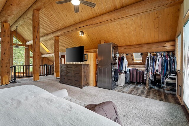 bedroom featuring access to exterior, wooden ceiling, rustic walls, vaulted ceiling with beams, and carpet flooring