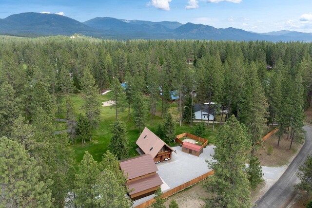 drone / aerial view with a mountain view and a forest view