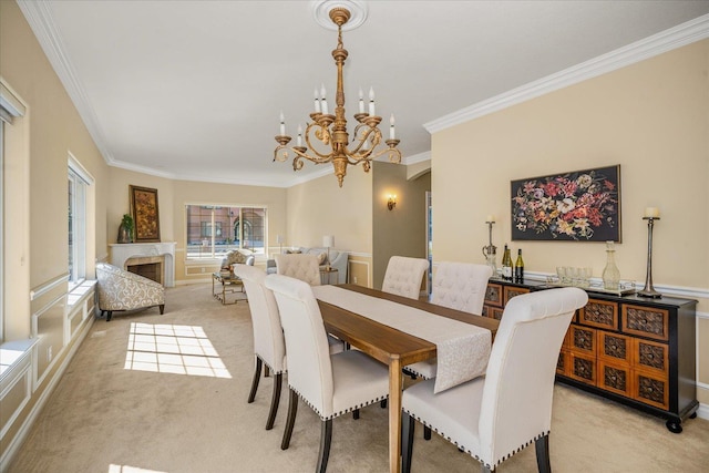 1909 E Pinecrest Rd, Spokane, WA 99203 - dining space featuring light carpet, ornamental molding, a chandelier, and a fireplace