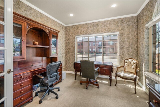 1909 E Pinecrest Rd, Spokane, WA 99203 - office space featuring crown molding, plenty of natural light, carpet floors, baseboards, and wallpapered walls