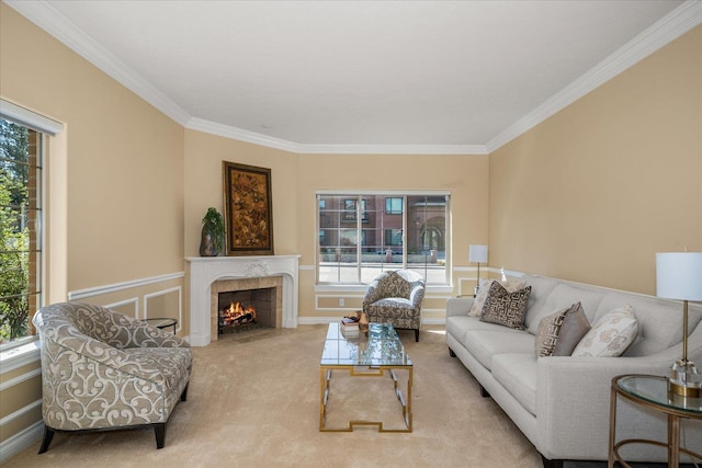 1909 E Pinecrest Rd, Spokane, WA 99203 - living room featuring ornamental molding, plenty of natural light, carpet floors, and a high end fireplace