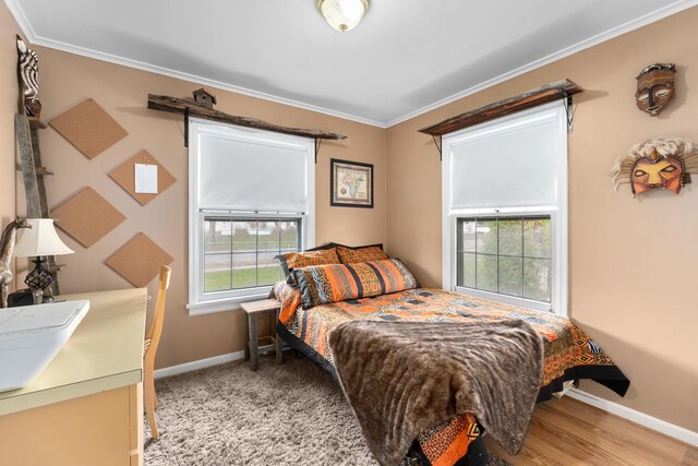 bedroom with baseboards, multiple windows, and ornamental molding