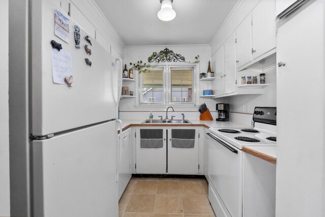 kitchen with open shelves, a sink, white appliances, light countertops, and white cabinetry
