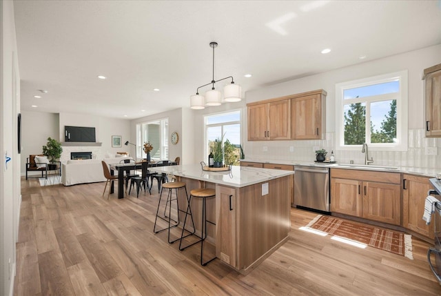 kitchen with stainless steel dishwasher, tasteful backsplash, a sink, and light wood-style floors
