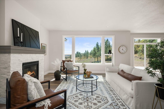 living area with baseboards, a stone fireplace, and wood finished floors