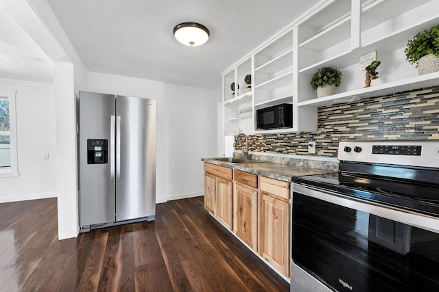5804 N Regal St, Spokane, WA 99208 - kitchen with light brown cabinetry, open shelves, a sink, stainless steel appliances, and baseboards