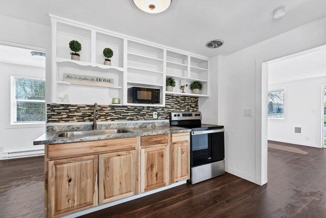 5804 N Regal St, Spokane, WA 99208 - kitchen with electric range, open shelves, black microwave, and a sink