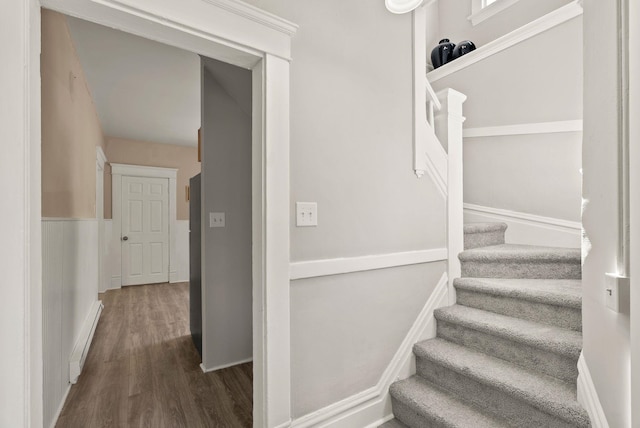stairway with baseboards, a baseboard radiator, and wood finished floors