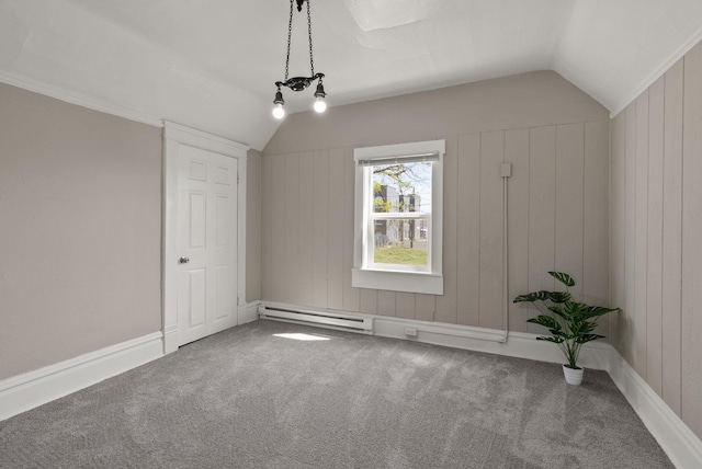 bonus room featuring carpet, baseboard heating, and vaulted ceiling