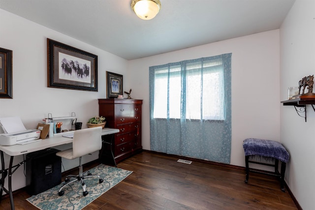 office space with dark wood-style floors and visible vents
