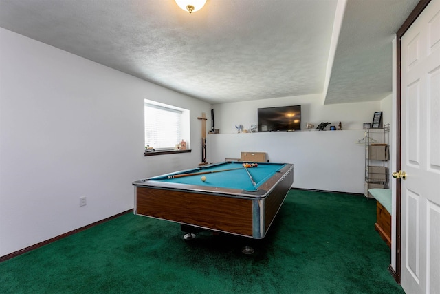 game room with baseboards, a textured ceiling, carpet, and billiards