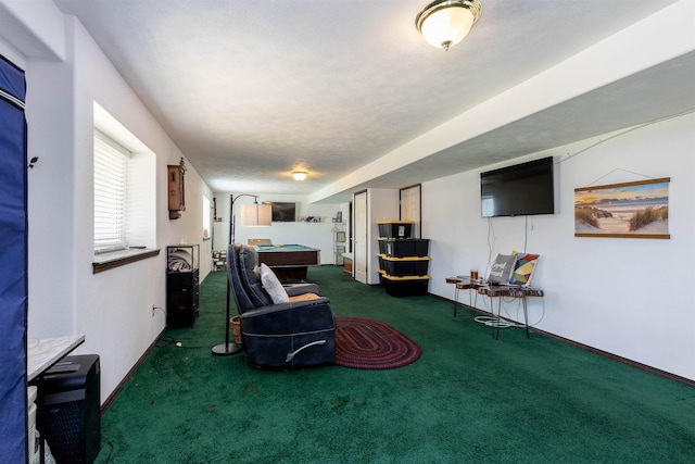 carpeted living room with baseboards and billiards