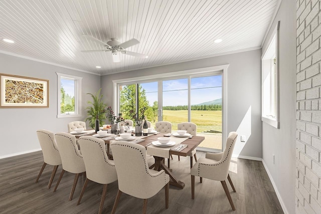 572 Smiley Ln, Newport, WA 99156 - dining area featuring wood ceiling, a ceiling fan, crown molding, dark wood finished floors, and baseboards