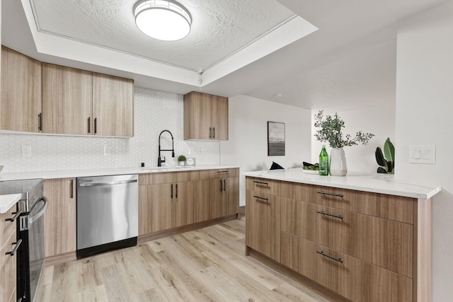 1111 W 6th Ave # 205, Spokane, WA 99204 - kitchen with stainless steel dishwasher, range with electric cooktop, a raised ceiling, light wood finished floors, and decorative backsplash