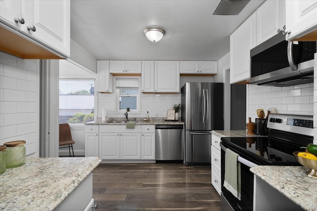 kitchen with dark wood-style flooring, stainless steel appliances, a sink, and tasteful backsplash