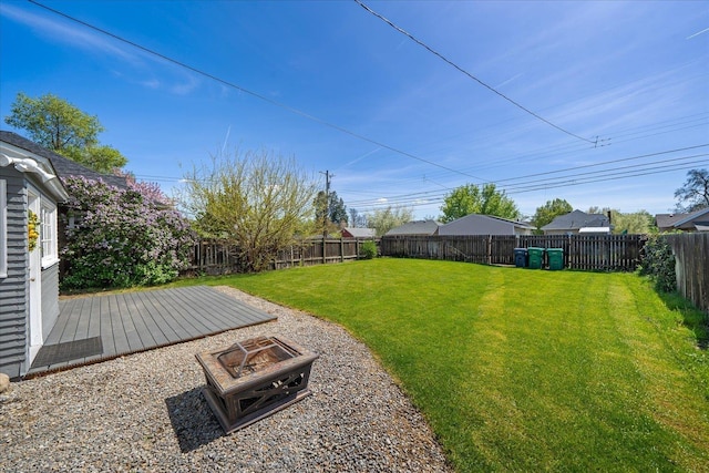 view of yard featuring a fire pit and a fenced backyard