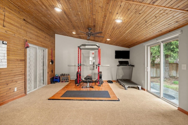 exercise room with ceiling fan, vaulted ceiling, wooden ceiling, carpet floors, and recessed lighting