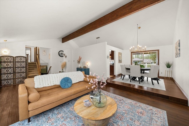 living area featuring an inviting chandelier, lofted ceiling with beams, stairs, baseboards, and wood finished floors