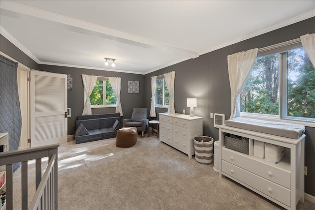 bedroom featuring light colored carpet and ornamental molding