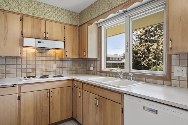 kitchen with a sink, light countertops, under cabinet range hood, and white appliances