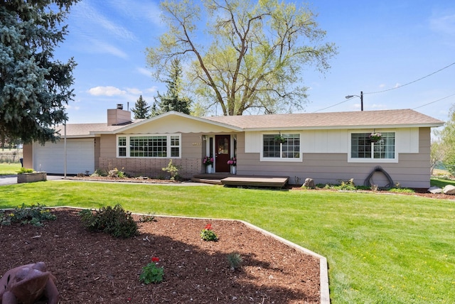single story home with a garage, a front lawn, aphalt driveway, a chimney, and brick siding