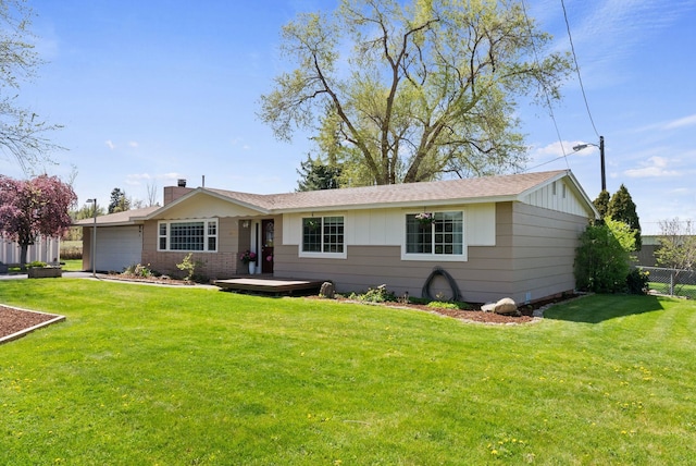 single story home with a front lawn, board and batten siding, fence, and a chimney
